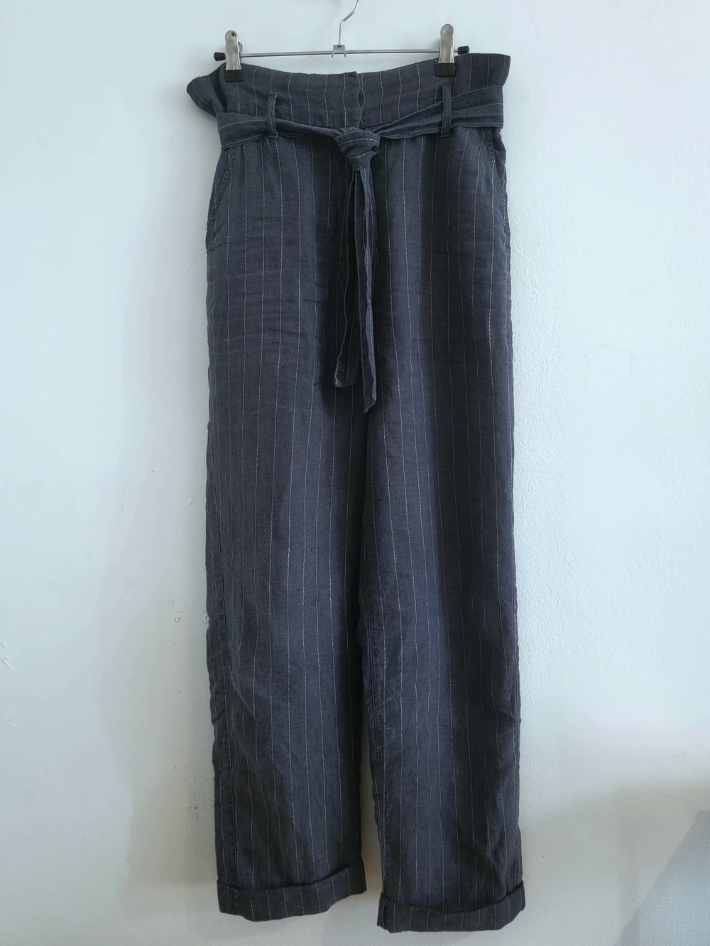 Catherine Malandrino Blue Pinstripe Paperbag Waist Wide-Leg Pants